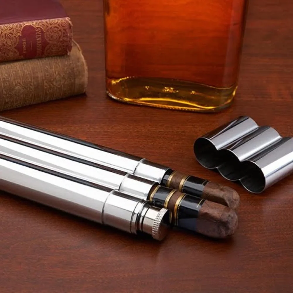 2- Cigar Stainless Steel Holder with Built-In Flask - Travel Cigar Tube Case